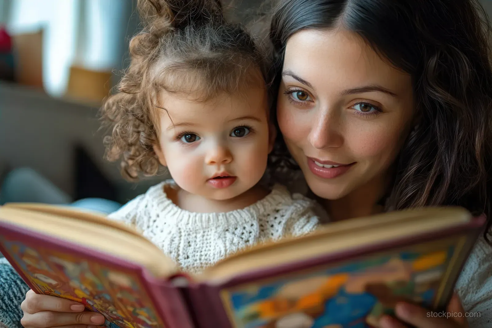 A young mother and curly-haired toddler read a colorful picture book together indoors, smiling softly.