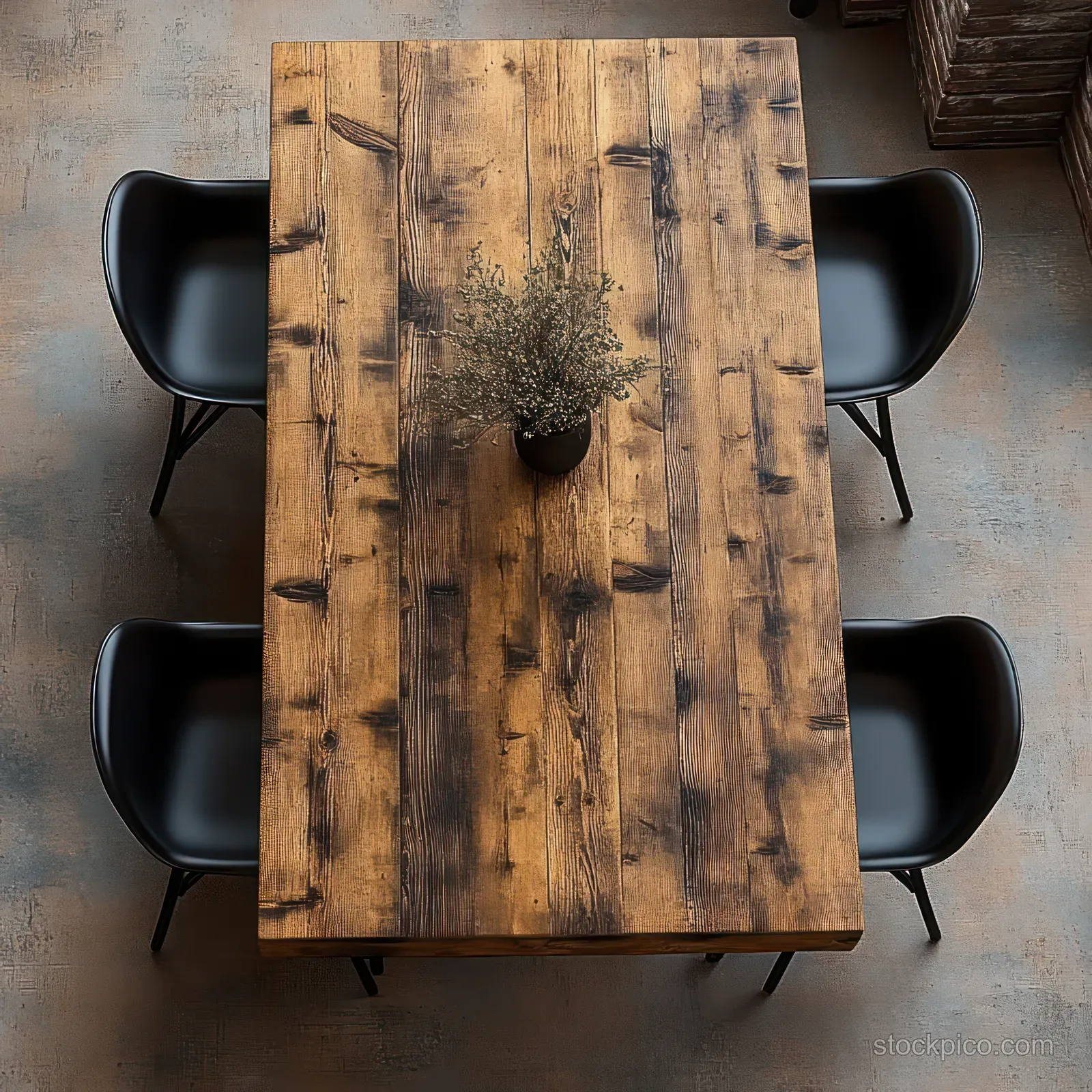 Overhead view of a rustic wooden table with a small potted plant centerpiece and four black chairs around it.