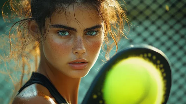 A young freckled woman with wet skin grips a tennis racket with a ball close to the camera against a blurred net.