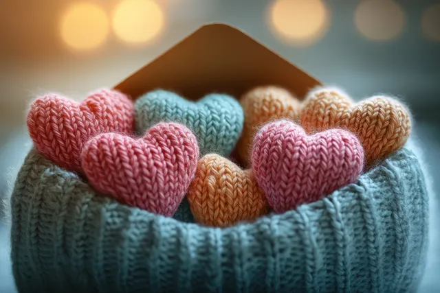 Pastel knitted hearts spill from an envelope in a cozy Valentine’s setup with blurred bokeh lights.