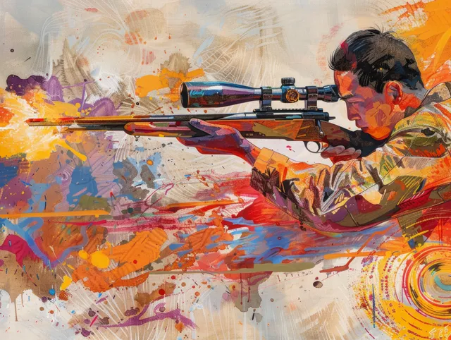 Prone 50m rifle shooter aiming with vivid paint splatters and traditional pattern shapes behind the rifle.