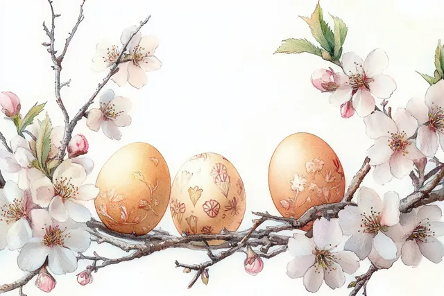 Three decorated brown Easter eggs rest on flowering tree branch with white and pink blossoms