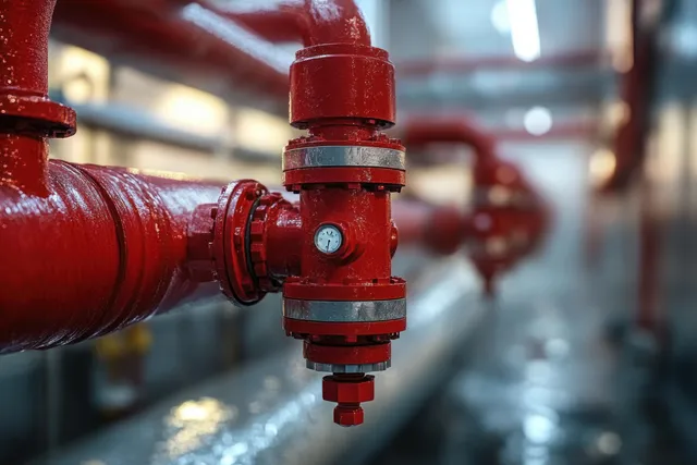 Shiny red industrial pipe connected to a pressure gauge valve in a mechanical room with blurred piping behind.