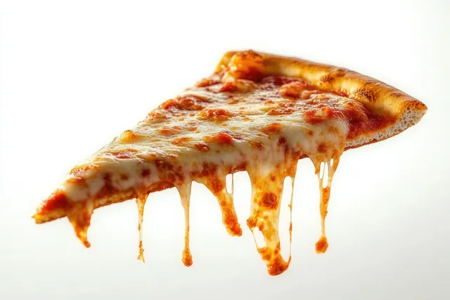 Hot cheese pizza slice with stretchy melted cheese dripping down on a white background.