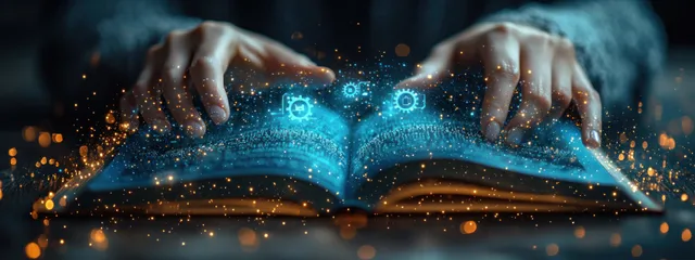 Hands open a book, glowing digital learning interface emerges from pages