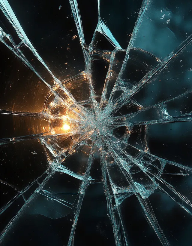 Close-up shattered glass with radiating cracks lit by warm and cool colored light reflections