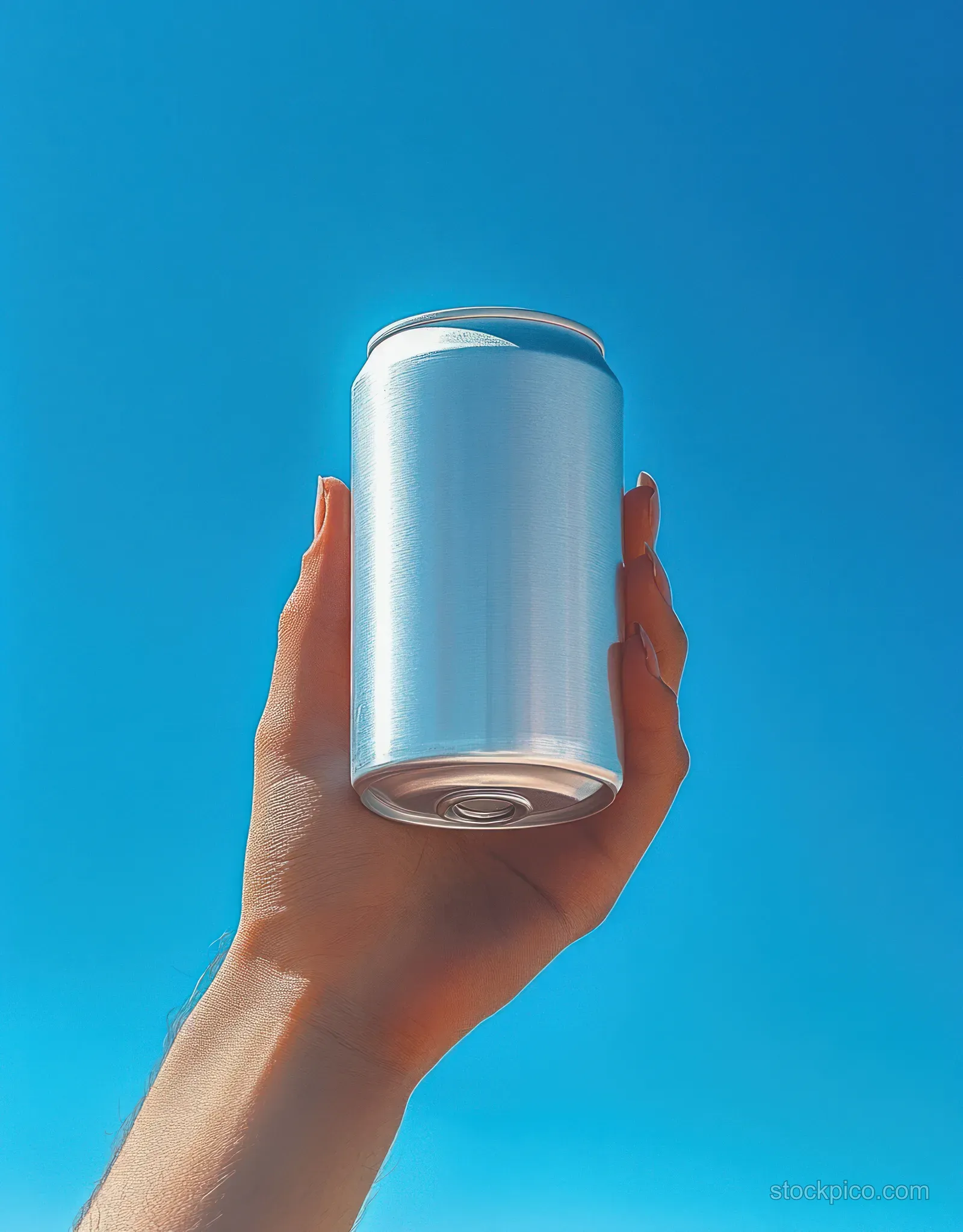 A hand holds an unlabelled aluminum can against a clear bright blue sky.