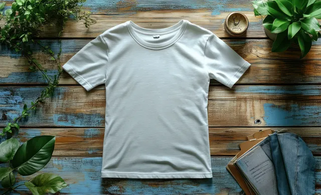 White t-shirt mockup laid flat on a light wooden background with visible fabric texture and soft shadows.