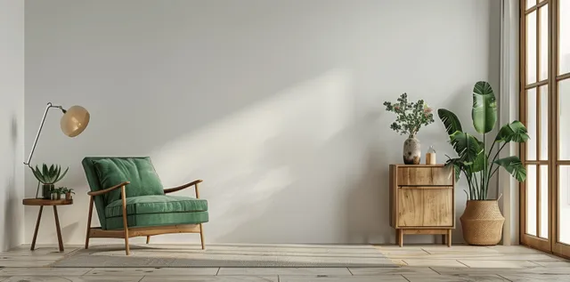 Minimal Scandinavian living room with green armchair, wooden cabinet, potted plants, and bright sunlight from a window.
