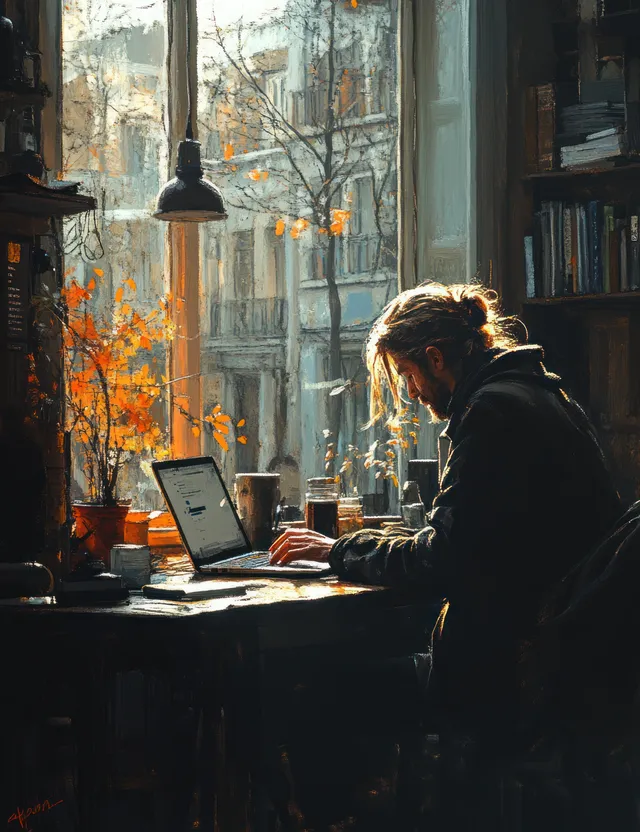 A person types on a laptop at a warm-lit home office desk beside a window with autumn trees outside.
