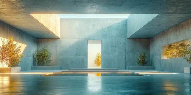 Empty concrete interior with skylights above a shallow pool reflecting sunlit light beams and shadows.