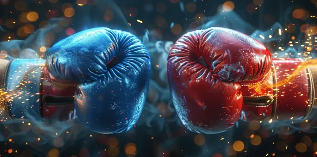 Blue and red boxing gloves collide with sparks and smoke against a dark background.