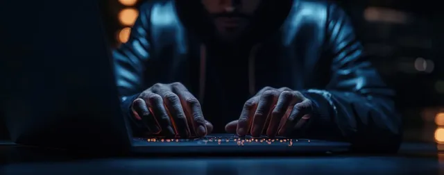 Noir businessman typing on laptop at dark desk, neon bokeh glow and data on screen