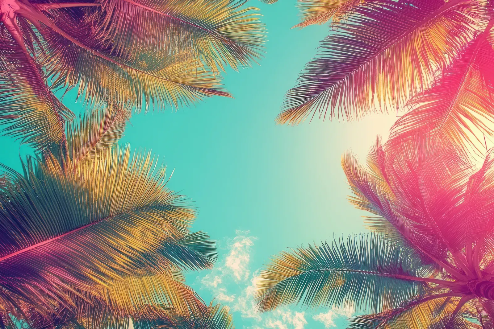 Colorful sunlit palm fronds stretch across a bright turquoise sky with pink highlights.