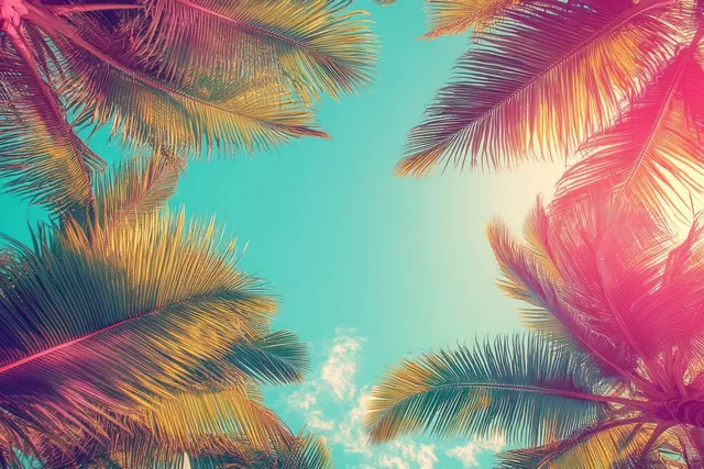 Colorful sunlit palm fronds stretch across a bright turquoise sky with pink highlights.