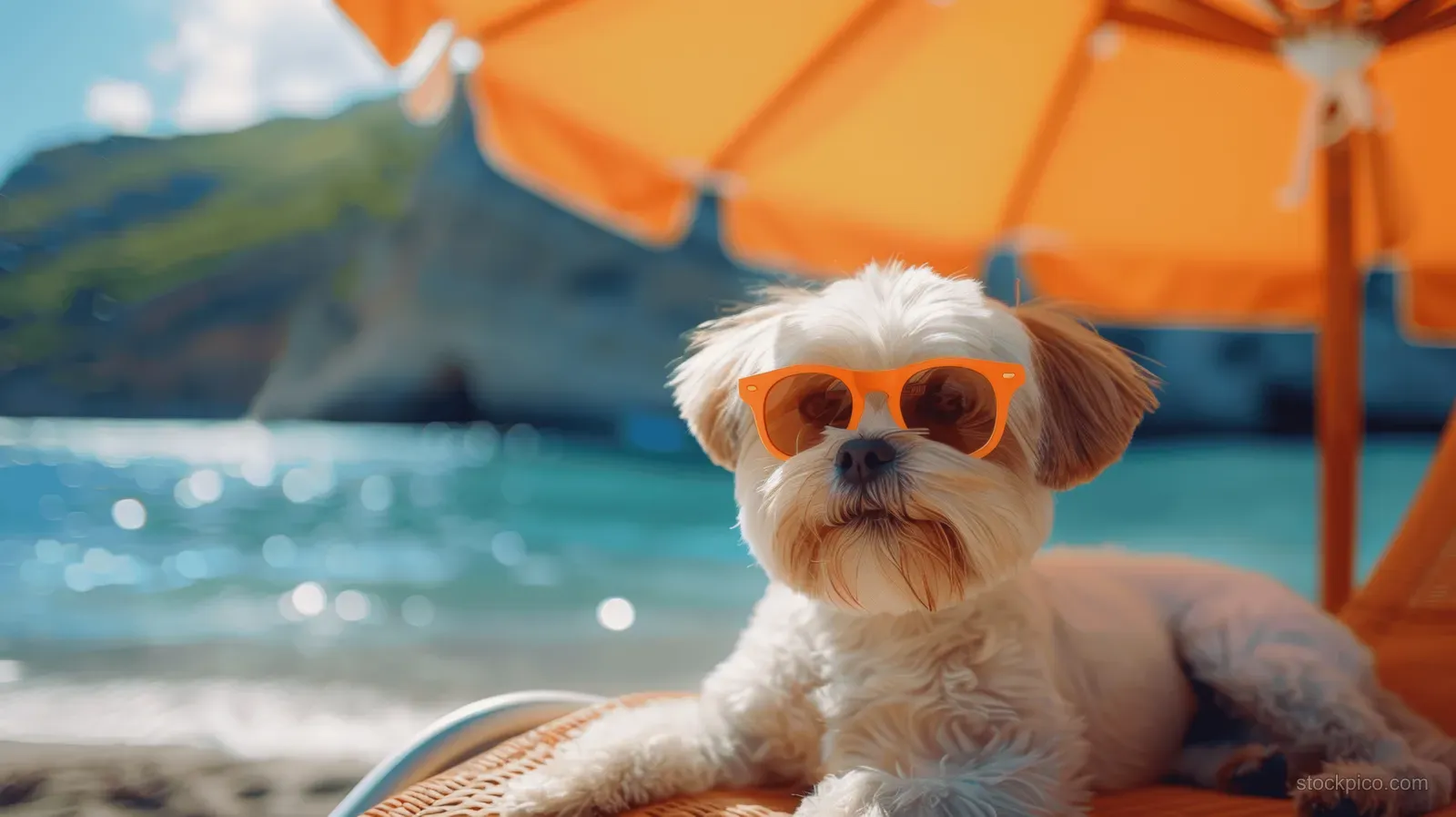 A white Shih Tzu wearing orange sunglasses lounges on a beach chair under an umbrella with blue water and mountains behind.
