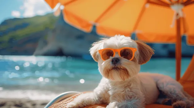 Adorable white Shih Tzu lounging on beach chair wearing orange sunglasses under umbrella with Shallow Depth Of Field