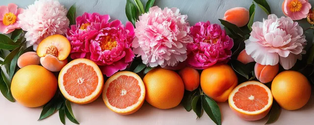 Peonies and grapefruit still life with sliced citrus, flat lay spring table styling