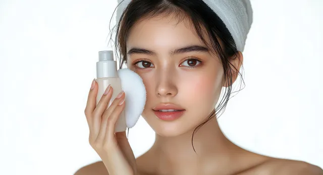 Young woman with towel headband applying skincare cleanser using white sponge to cheek