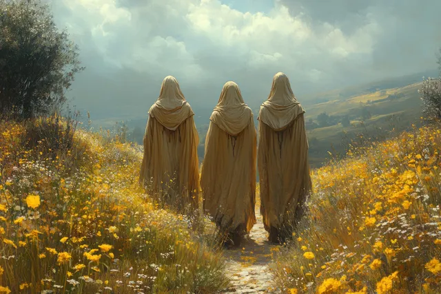 Jesus and disciples walk a rural path through golden fields under soft Renaissance sky