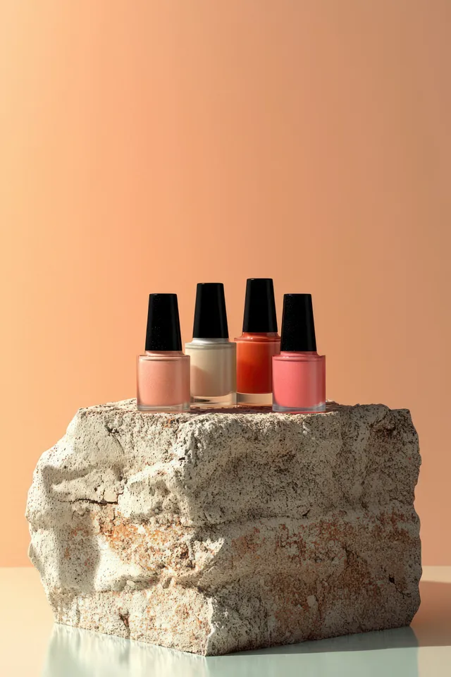 Minimalist nail polish bottles on a textured brick pedestal against beige studio backdrop