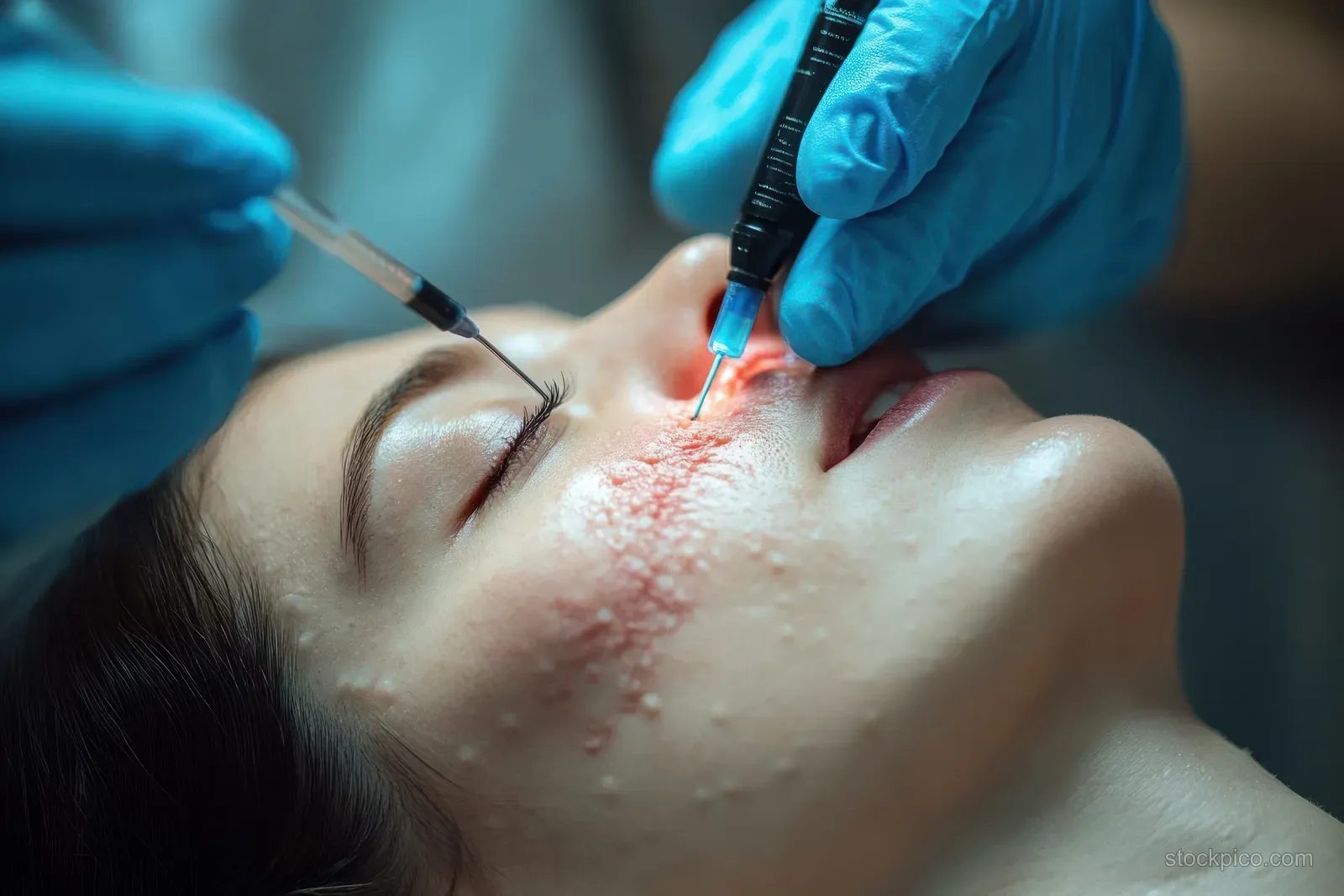 Gloved dermatologist uses an electrocautery device to treat a birthmark on a woman’s neck in a clinical setting.