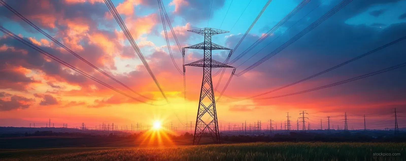 Sunset over a grassy field with electricity transmission towers and power lines stretching across the horizon.