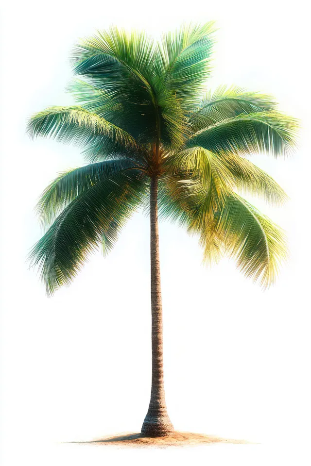Tall palm tree with lush fronds standing on sandy ground against bright white background