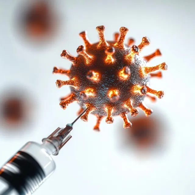A syringe needle injects glowing virus particles while orange light radiates against a blurred background.