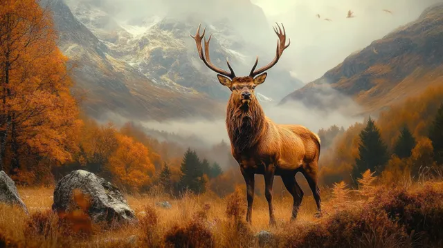 A stag with wide antlers stands in an autumn forest clearing, surrounded by misty mountains and orange foliage.