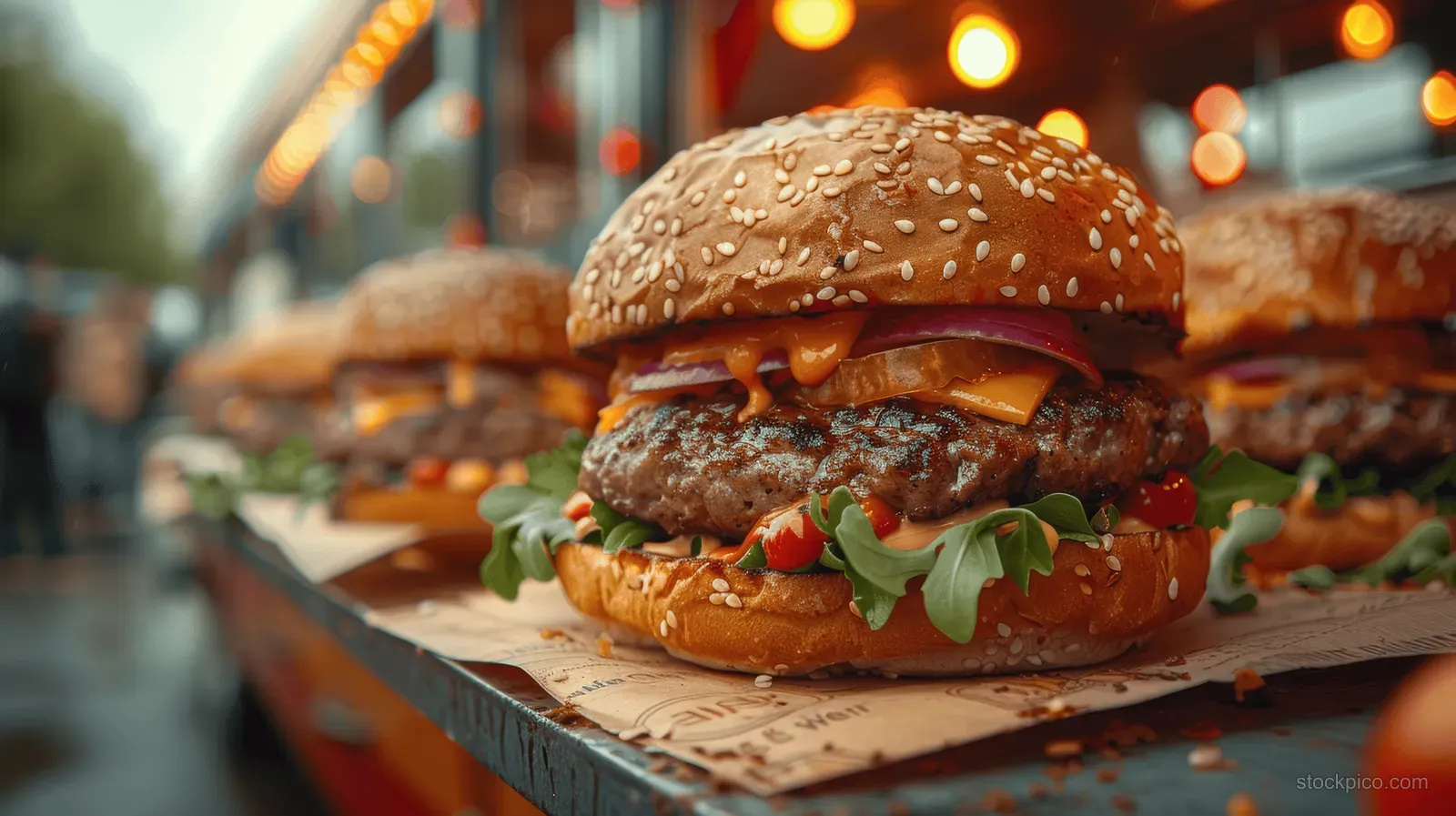 Cheeseburger on a food truck tray with warm orange lights and a blurred city crowd behind.