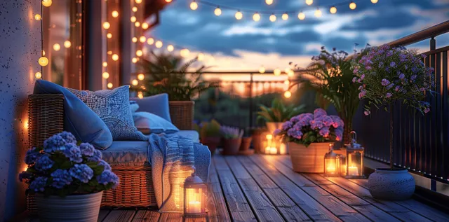 Cozy blue wicker patio terrace at night with string lights and glowing lanterns