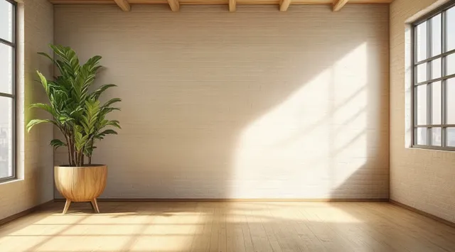 Minimalist living room with warm sunlight, potted plant, and brick wall shadows