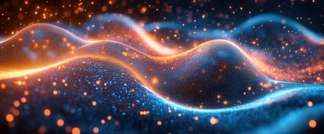 Dark background with a glowing blue and orange particle wave ribbon made of floating sparks and bokeh lights.