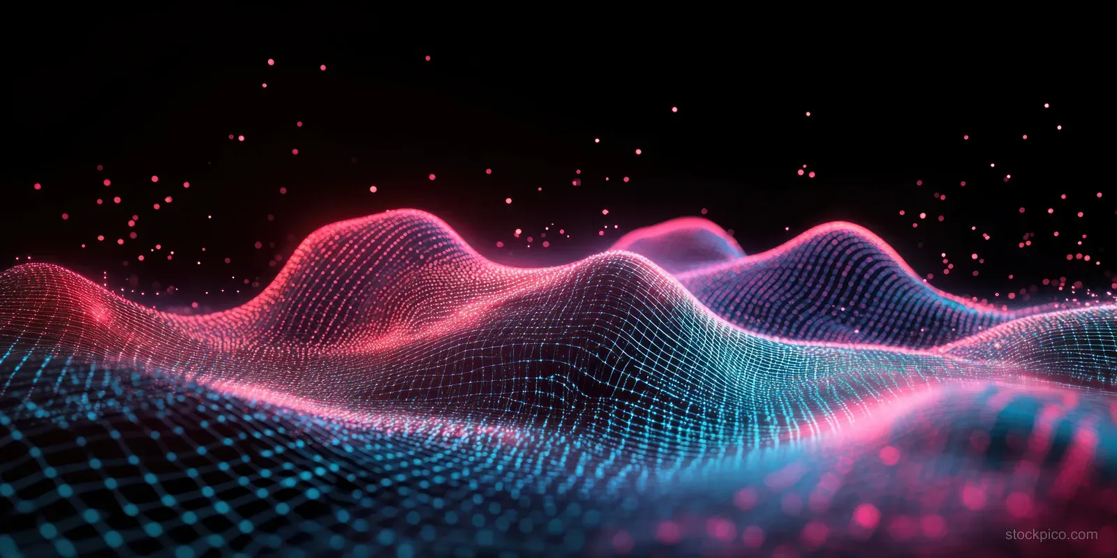 Neon quantum waves ripple over a grid-like particle interaction matrix with sparkling points and layered interference.