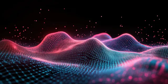 Neon quantum waves ripple over a grid-like particle interaction matrix with sparkling points and layered interference.
