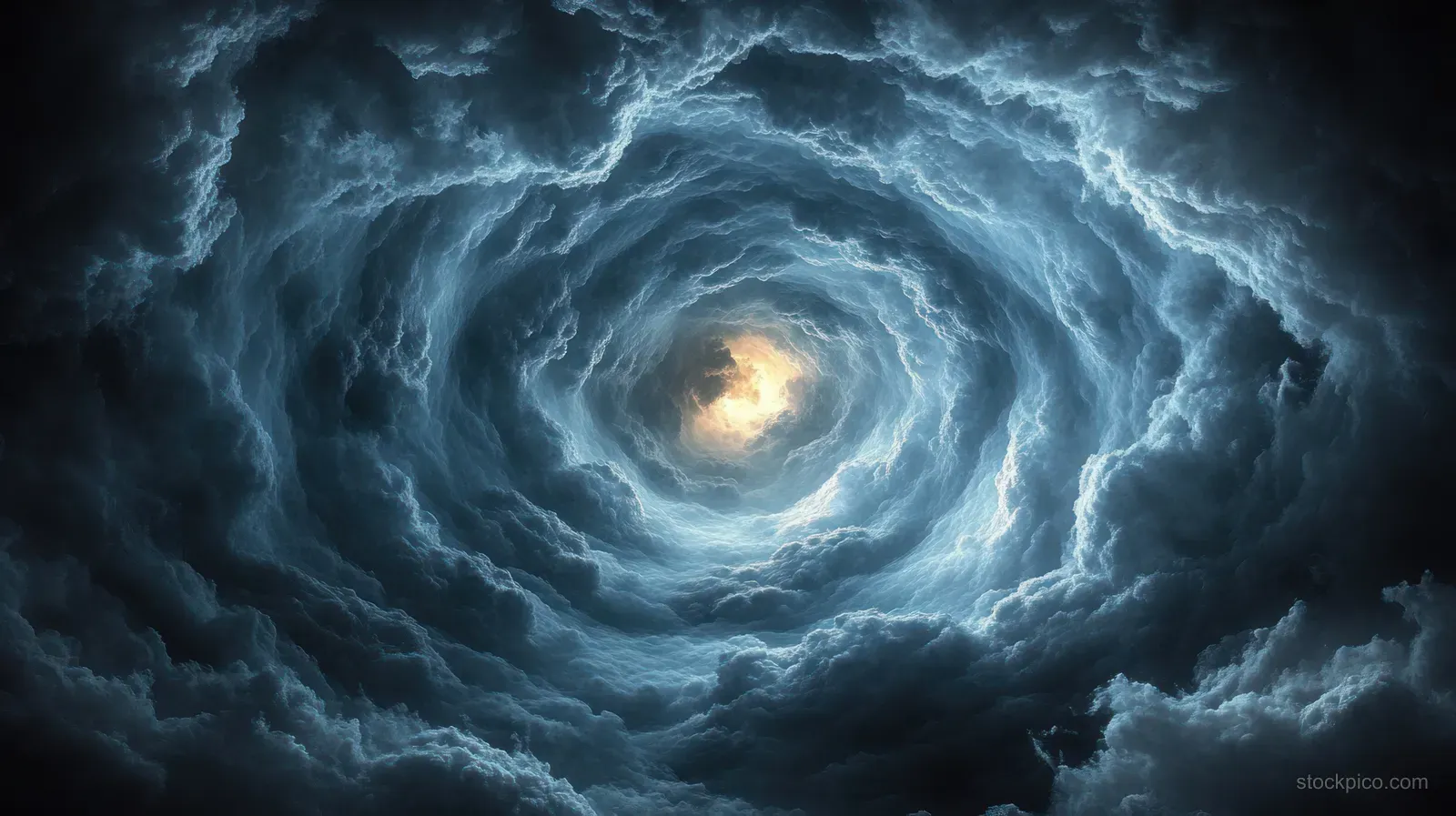 Dark spiral storm clouds form a cloud vortex around a glowing center in a stormy sky.