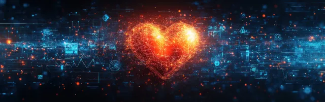 Glowing heart icon connected to a healthcare data network over a starry digital chart background.
