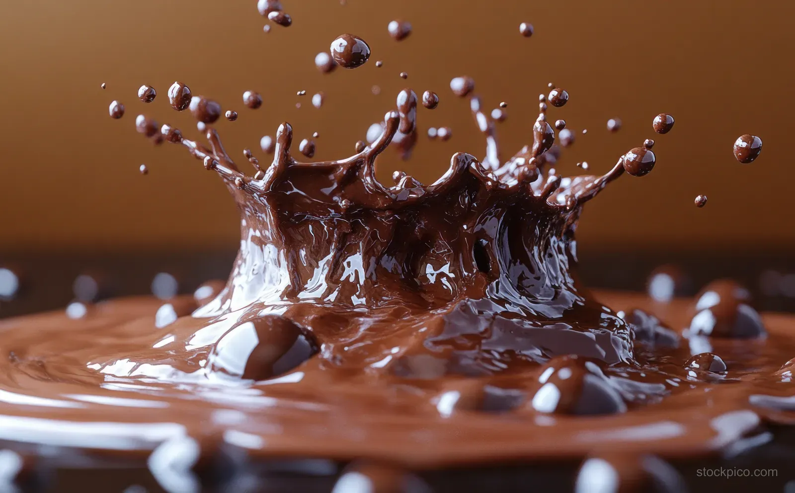 Close-up cocoa chocolate splash forming a crown with glossy ripples and droplets on a dark surface.
