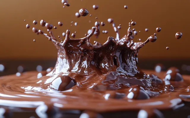 Chocolate splash crown rising from cocoa liquid with glossy ripples and droplets