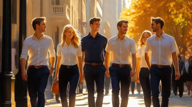 Five young adults walking together down a sunny downtown street, autumn leaves glowing