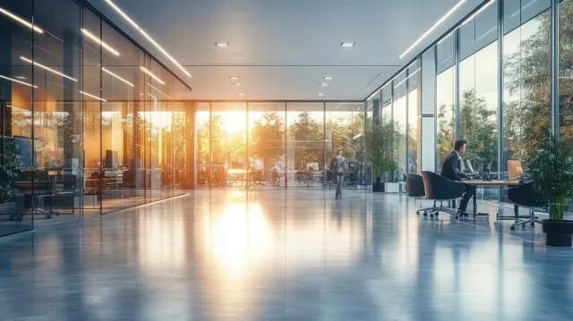 Blurred business professionals moving through modern office with large glass windows