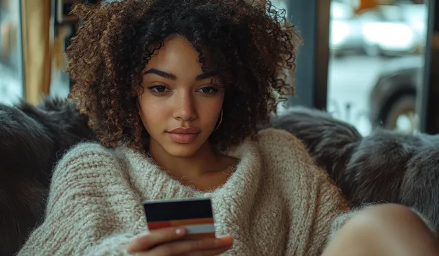 Curly-haired woman pays online on smartphone with credit card indoors, soft evening light