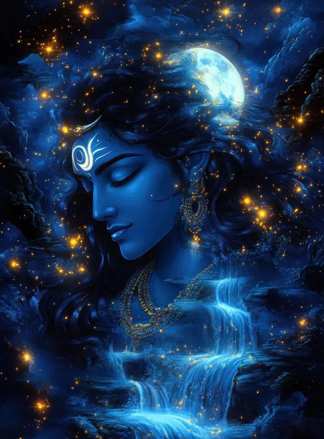 Surreal blue portrait of a serene woman with glowing jewelry and mystical markings beside a starry waterfall at night.