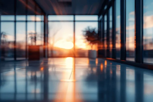 Blurred modern office interior with panoramic windows and warm sunlight reflecting on a glossy floor.