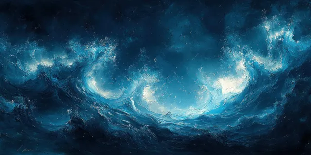 Abstract deep blue and turquoise wave artwork with swirling textures and glowing white foam under soft light.
