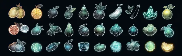 Neon-glowing fruits and berries are arranged in rows with leaves on a dark background.