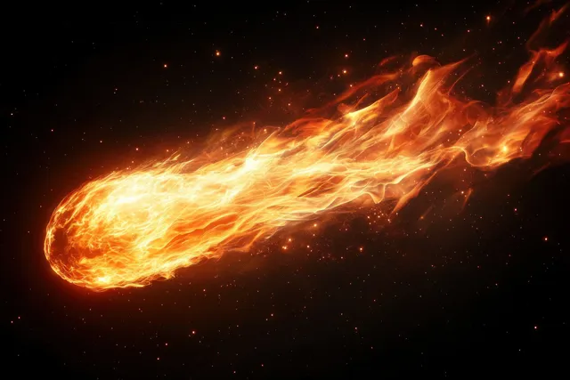 A fiery comet with orange flames and glowing ember sparks streaks through a dark starry sky.