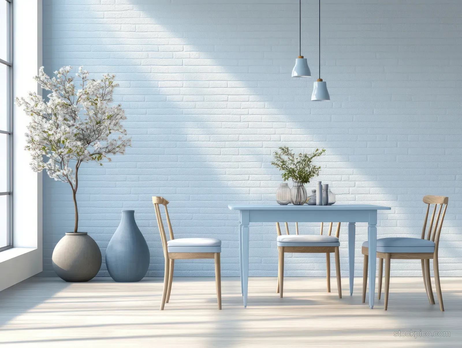 Light-blue dining table with wooden chairs in a bright Scandinavian room beside white brick walls and vases.