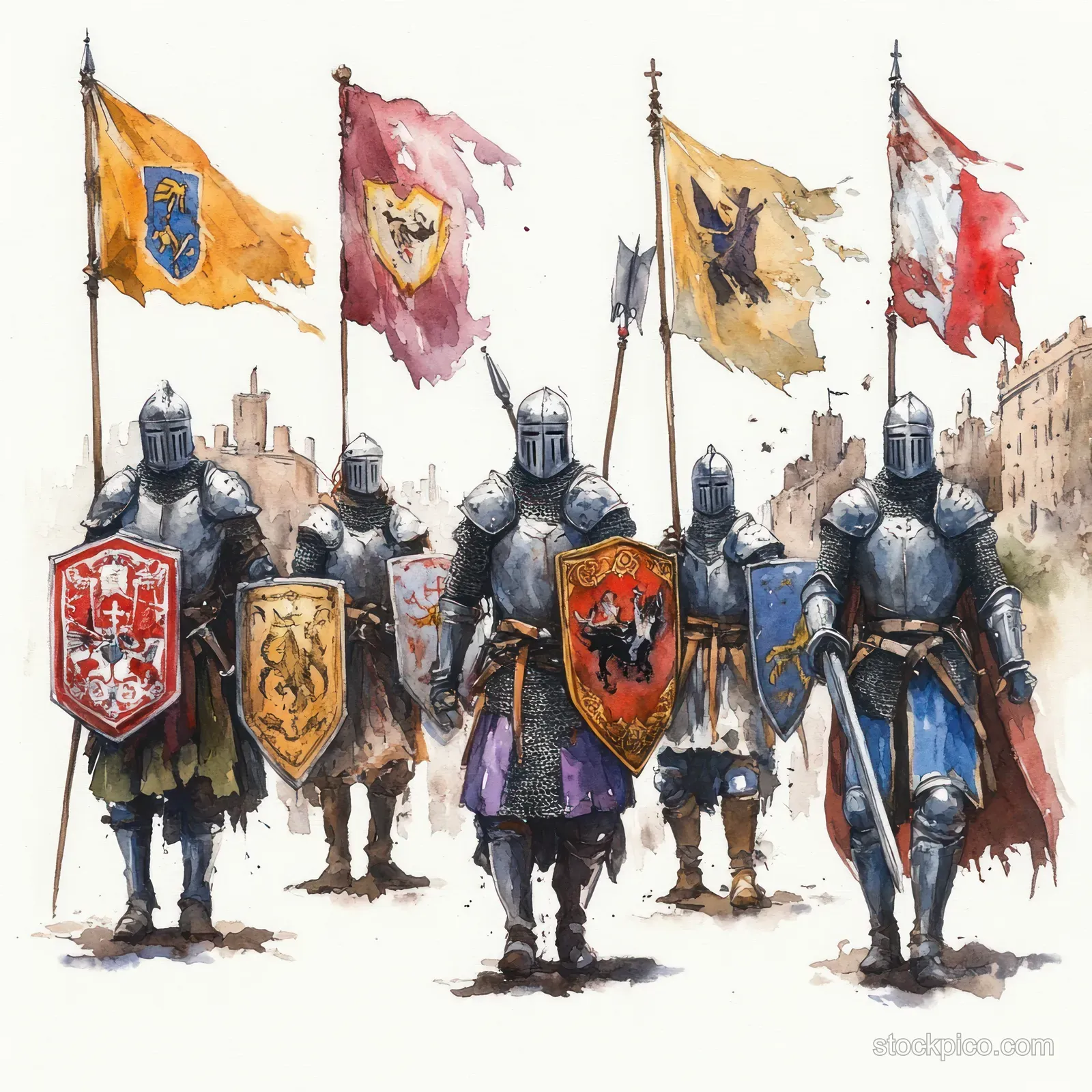Armored medieval knights march forward carrying heraldic shields and waving banners on a town street.